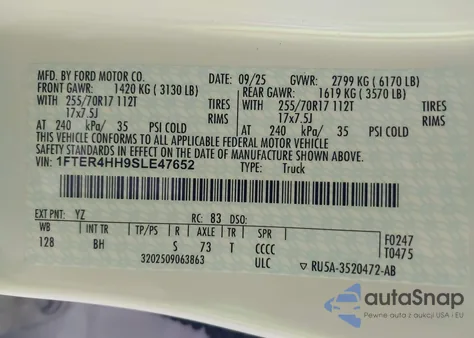 2025 Ford Ranger Xlt z USA, uszkodzony, nr VIN 1FTER4HH9SLE47652